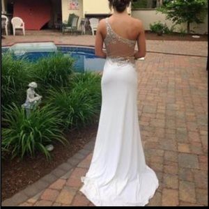 White prom or wedding guest dress with mesh see through and beaded sections.